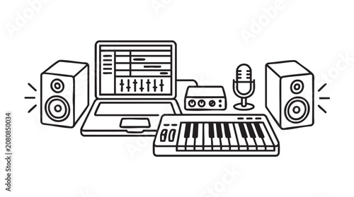 Music Production Studio Equipment Flat Design Icon with Sound Mixer and Headphones