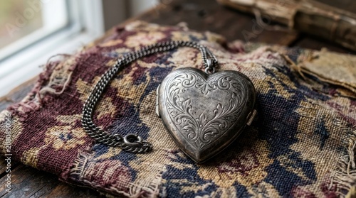 Ornate Vintage Silver Heart Locket Necklace with Intricate Engraving on Textured Fabric