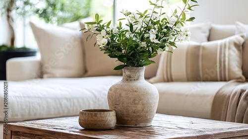 A serene close up view showcasing minimalist home decor featuring natural wood linen upholstery and ceramic accents in a soft neutral palette