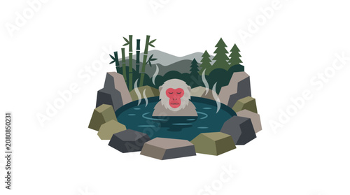 Photography Japanese Macaque in Hot Spring Vector Illustration