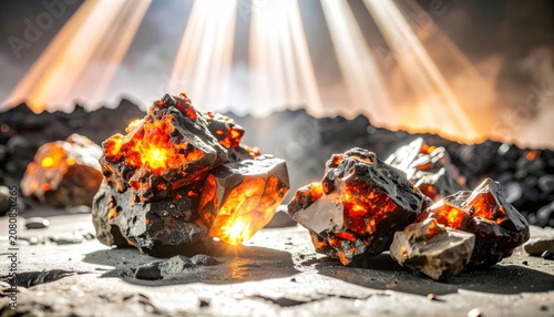 Rough Fire Opal Chunks Displaying Vibrant Orange and Red Flashes Under Dramatic Light Beams