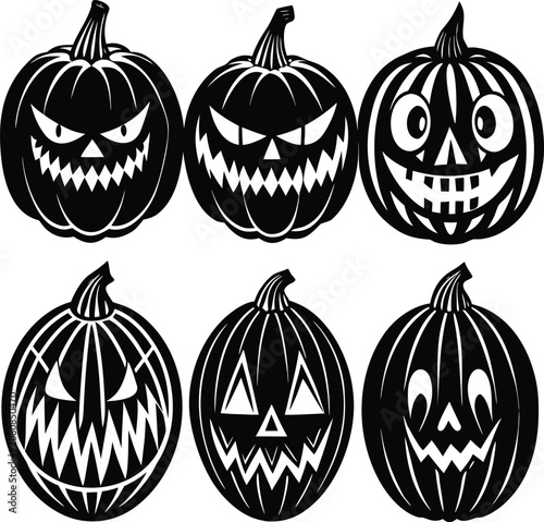 Obraz na plátně Black and white Vector Set of 6 Halloween scary pumpkin jack-o'-lanterns