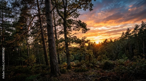 Vibrant golden hour rays permeate through the dense pine tree canopy as a tranquil twilight descends upon the rugged woodland terrain during an enchanting and peaceful evening in the countryside