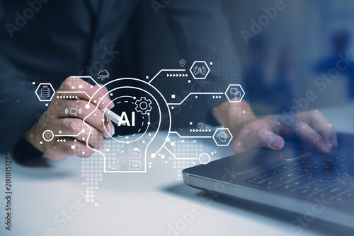Foto Business professional using stylus with AI hologram head, connected data icons, and laptop interface, representing artificial intelligence, automation, machine learning, and digital innovation