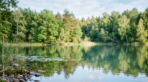 Beautiful calm lake with green forest reflections and dark rocks on the shore during a peaceful summer sunny day