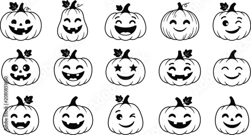 Set of happy cute halloween pumpkin faces for greeting cards with halloween jackolantern tradition
