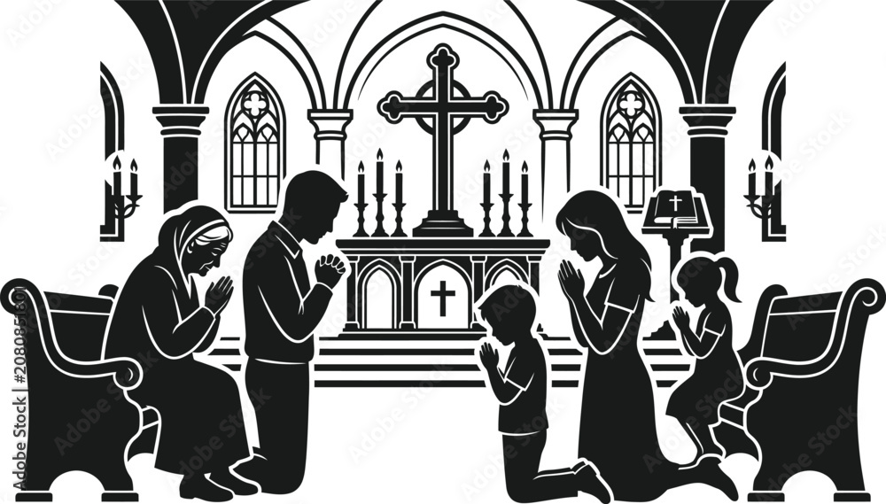 Fototapeta premium Silhouette of family praying together in church with altar and cross on white background in Gothic style