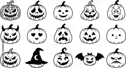 Set of halloween pumpkin line art and silhouette icons with varied expressions halloween seasonal