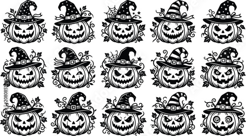 Set of halloween pumpkins wearing witch hats in silhouette style with halloween, silhouette