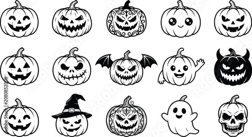 Set of halloween pumpkins with scary faces and ghost skull illustrations halloween jackolantern