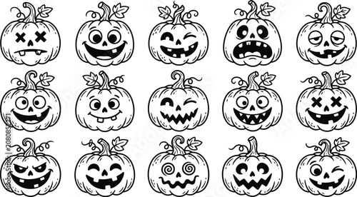 Set of various scary halloween pumpkin jack o lantern faces line art vector illustrations