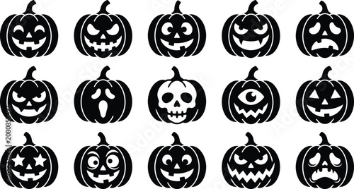 Black silhouette set of halloween pumpkin faces and spooky jack o lanterns with halloween, vegetable