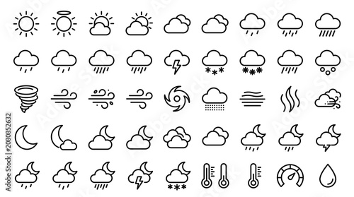 Cuadro en lienzo Comprehensive set of minimalist weather icons featuring sun rain and clouds in a