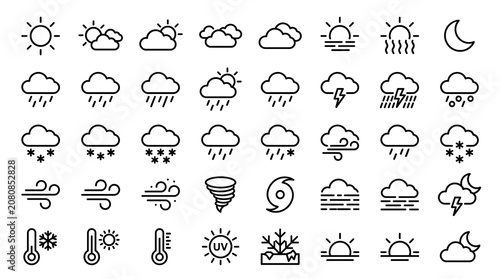Fotografie Comprehensive set of minimalist weather icons featuring various climate conditio