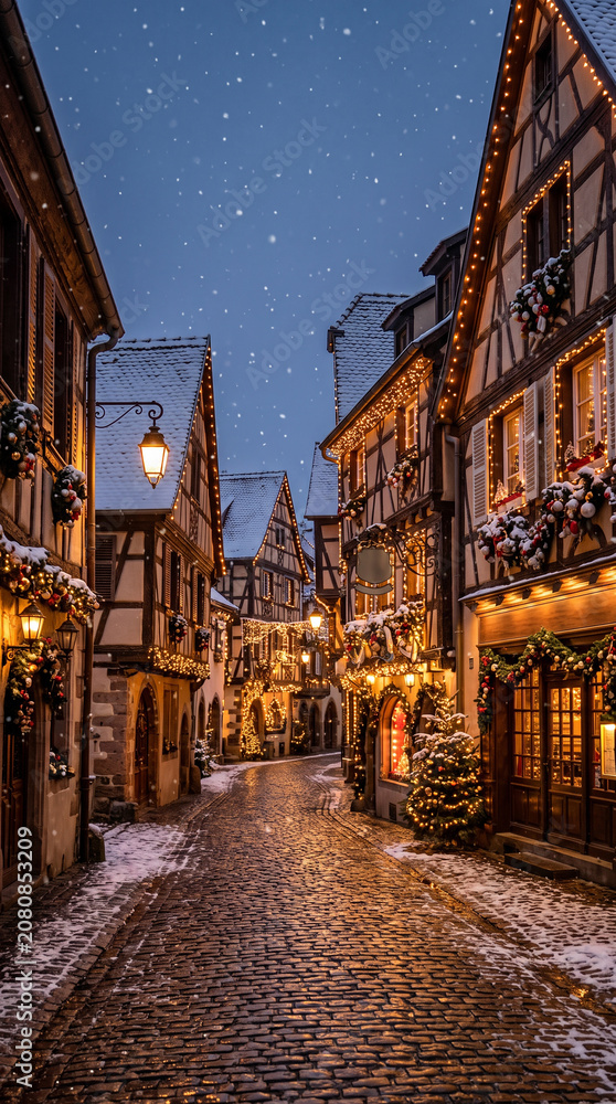 Fototapeta premium Charming European old town street decorated for Christmas, glowing festive lights, cozy cafés, gentle snowfall, cobblestone pavement reflecting warm lights, magical evening atmosphere, realistic trave