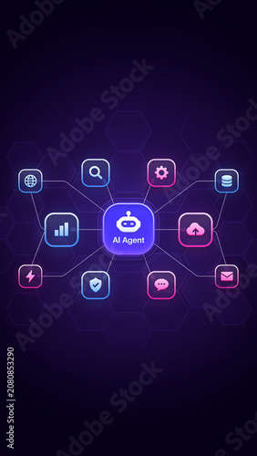 Ai agent concept with central robot icon connected to various digital technology and data management service icons on a dark blue background representing smart automation and network connectivity