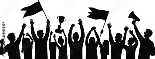 Konstfotografi Football celebration silhouette, excited supporters waving flags with championship trophy and horns, capturing victory, passion, team spirit and tournament success