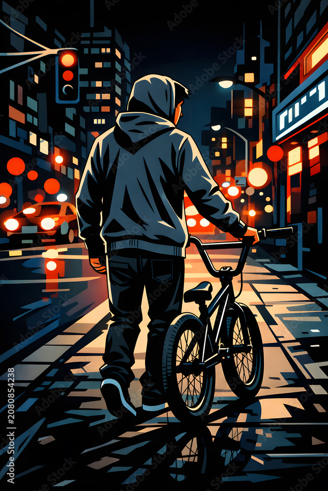 Obraz premium Young Cyclist Walking Through the City at Night