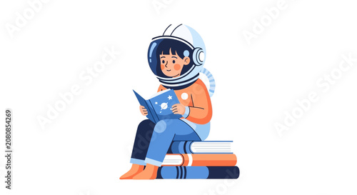 Little Girl Astronaut Reading Book Sitting on Stack of Books, Concept of STEM Education, Space Exploration and Imagination Vector Illustration Isolated on White