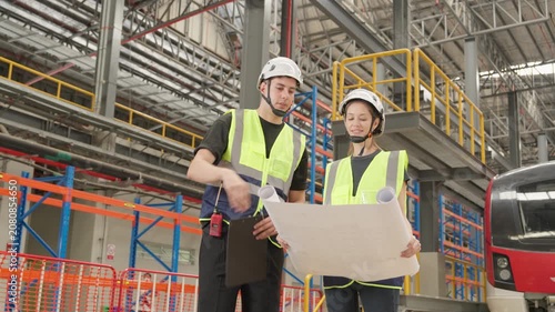 Two railway engineers meticulously review train blueprints amidst large industrial warehouse setting, featuring extensive equipment and shelving; wearing high-visibility vests and hard hats for enhanc