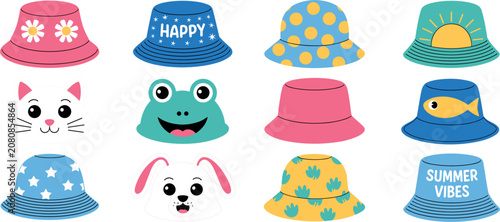 Canvas Print Cute kids bucket hat icon set for summer, colorful headwear cartoon vector illus