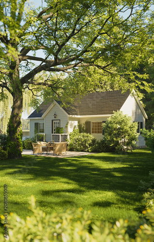 Cozy white cottage house surrounded by lush green forest garden