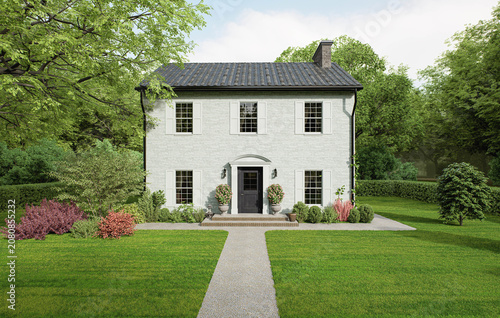 Classic Two-Story White Brick House Exterior with Green Lawn and Path