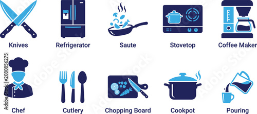 Foto Kitchen tools and cooking equipment icons with knives refrigerator saute stovetop chef cutlery and cookpot
