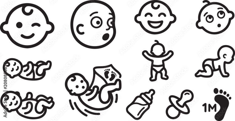 Obraz premium Set of cute baby icons and infant character illustrations in black line art style