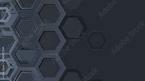 Fotografía Dark gray hexagonal pattern with recessed lines creates a futuristic three dimen