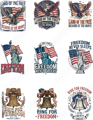 Patriotic american symbols and phrases graphic designs