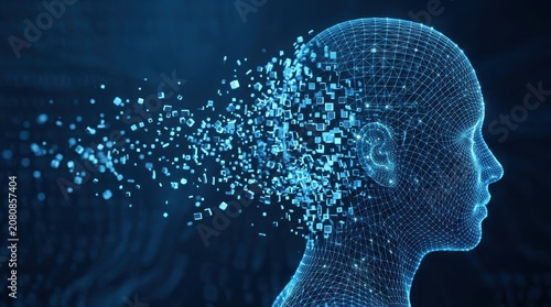 Digital human head with data particles exploding from brain