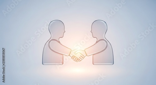 Two translucent human silhouettes shaking hands with a warm yellow glow on a light blue gradient background, symbolizing cooperation and partnership.