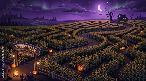 Spooky halloween corn maze at night with jackolanterns and haunted house