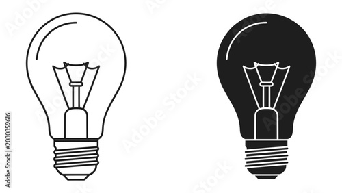 Quadro su tela Simple Lightbulb Icons: Two graphic representations of an incandescent light bulb, one in outline and the other in silhouette, symbolizing ideas and illumination