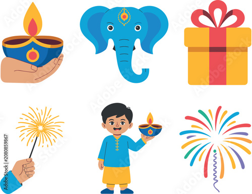 Diwali festival celebration flat icon set, indian holiday ganesha diya firework cartoon vector illustration elements