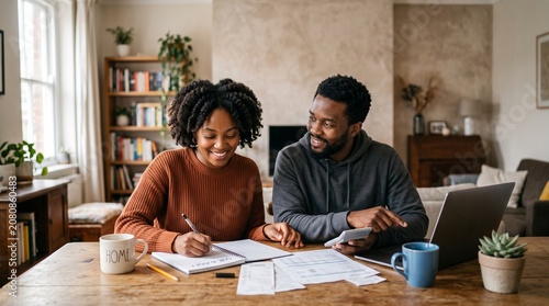 Young Black couple happily managing finances at home, planning budget together with laptop and calculator