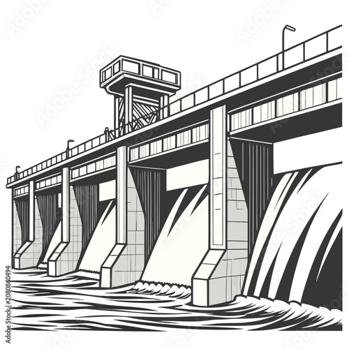 Foto Black and white of a large hydroelectric dam with water flowing through the spil