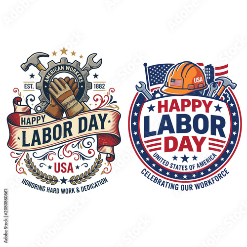 Happy labor day american workers celebration emblems with tools and construction gear american celebration construction industry workforce patriotism september national laborers mechanical