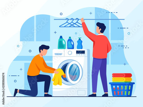 Schilderij op canvas Two men doing laundry at home with washing machine and detergent bottles flat ve