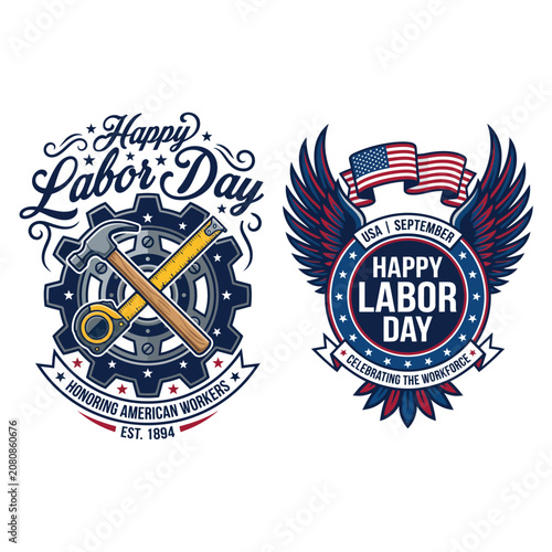 Vintage labor day badges with hammer and wings emblem american celebration workforce industry construction patriotic september illustration national mechanical laborers employment
