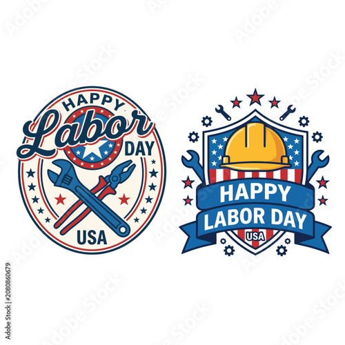 Happy labor day usa patriotic emblems with tools and yellow construction hardhat patriotic construction american celebration industry workforce september national patriotism honoring