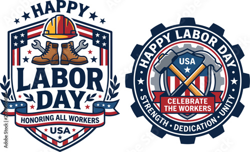 Happy labor day usa graphic badges celebrating american workforce and construction skills with celebrating american workforce construction national september patriotism honoring strength