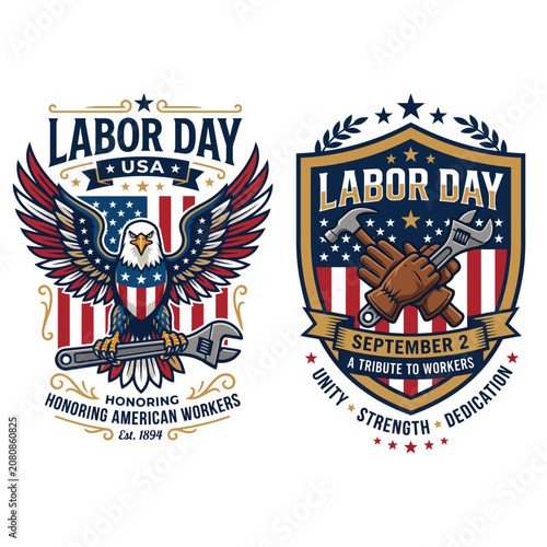 Labor day emblem designs featuring bald eagle with wrench and crossed construction tools on american flag shield background american celebration patriotism construction workforce september