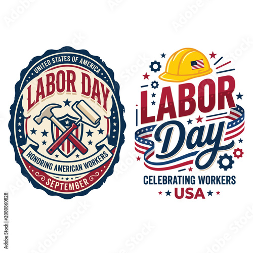 Labor day badge collection featuring construction tools and yellow safety hard hat celebrating american workforce construction american celebration patriotism workforce september illustration