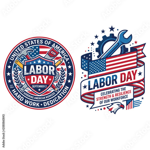 Labor day graphic emblem set featuring american flag banner and industrial wrench celebrating hard work and workforce resilience american workforce celebration patriotism resilience dedication