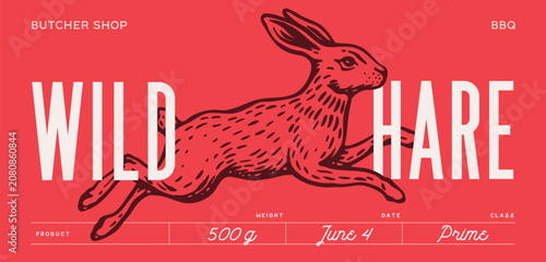 Hare, rabbit sketch. Vintage butcher shop meat label, red engraved butcher shop meat badge, retro animal butchery emblem, raw butcher shop meat food label. Vector Illustration