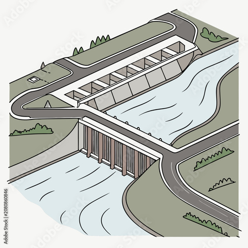Fotografie Isometric of a concrete dam situated in a landscape with a river, roads, and gre