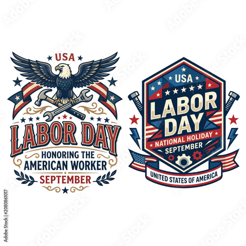 American labor day patriotic emblems with eagle and industrial tools patriotic industrial celebration september national typography illustration honoring employment profession manufacturing