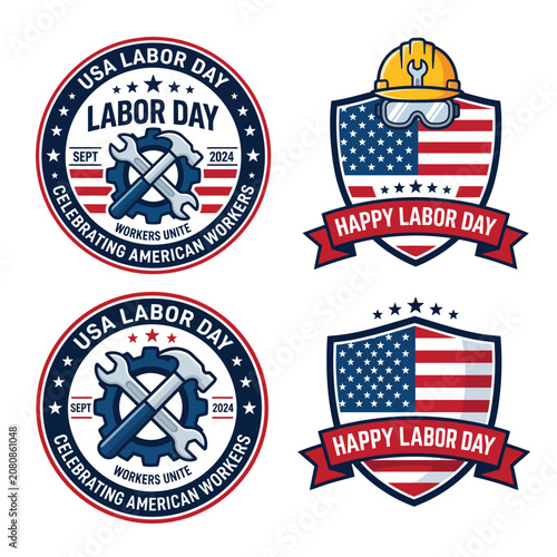 Collection of american labor day badges with safety gear and tools celebration september national patriotic typography illustration honoring hardwork dedication employment profession